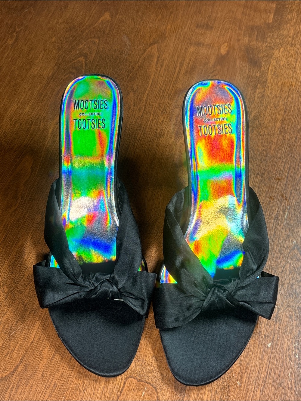 Mootsies Tootsies Black Knot Slide Mules with Iridescent Insole